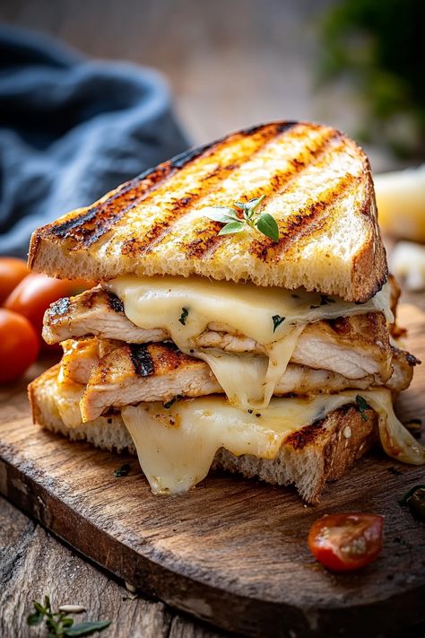 Grilled Chicken Three-Cheese Sandwich Sourdough Grilled Cheese Sandwiches, Chicken Cheese Sandwich, Sourdough Sandwich Recipes, Juicy Grilled Chicken Breast, Sandwich Sourdough, Sandwich Recipes Dinner, Chicken And Mozzarella, Cheese Panini, Juicy Grilled Chicken