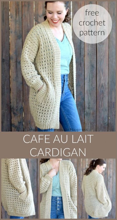 Cafe au Lait Cardigan Crochet Pattern - There is so much to love about the Cafe au Lait Cardigan Crochet Pattern. The seamless construction, the ribbing, the simple stitch, the POCKETS! Free Crochet Ladies Cardigan Patterns, Light Weight Crochet Cardigan, Hexi Cardigan Crochet Pattern, Crochet Cardigan Pattern Free Easy, Crochet Coat Free Pattern, Hexi Cardigan, Crochet Cardigan Pattern Free Women, Crochet Shirts, Cardigan Crochet Pattern