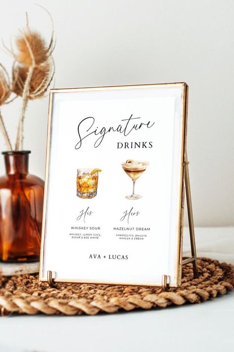 Engagement Party Bar, Engagement Party Drink, Drink Favors, Wedding Cocktail Bar, Menu Signage, Signature Wedding Drinks Sign, Wedding Drink Sign, Signature Drink Sign, Bar Stand