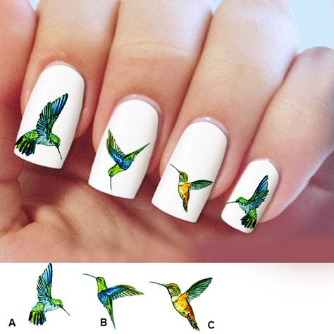 Hummingbird, nail art, 60 nail decals, Humming bird Nail Art design, Water Slide nail Decals, #HM001 by Marziaforever on Etsy https://www.etsy.com/listing/223222318/hummingbird-nail-art-60-nail-decals Bird Nail Art, Light Colored Nails, Camo Nails, Unghie Nail Art, Country Nails, Nail Stickers Decals, Vacation Nails, Gel Nail Design, Humming Bird