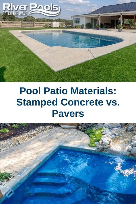 Pools With Concrete Surround, Pavers Around Inground Pool, Inground Pool Concrete Surround, Inground Pool Concrete Ideas, Pool Concrete Ideas, Pavers Vs Concrete, Pavers Around Pool, Stone Around Pool, Patio Materials