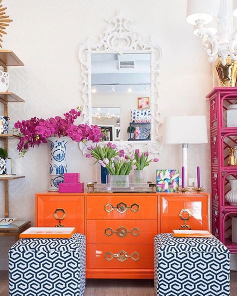 Orange And Pink Color Palette, Dallas Apartment, Esthetician Room, Painted Cabinets, Bright Decor, Babe Cave, Bright Boho, China Cabinets, Interior Room