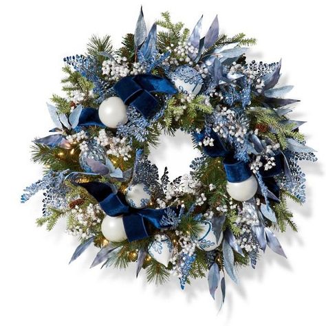 Blue Christmas Decor, White Berries, Warm White Led Lights, Shatterproof Ornaments, Faux Greenery, White Ornaments, Navy Velvet, Eucalyptus Leaves, White Led Lights