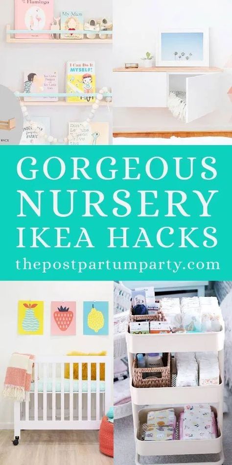 17 Gorgeous IKEA Nursery Hacks - Get ideas for your nursery using these IKEA hacks. Includes storage and organization hacks for dressers, book shelves, closets, small spaces, decor pieces, crib, and other furniture so you can make a budget friendly nursery look amazing for your baby boy or girl #ikea #ikeanursery #ikeahacks Postpartum Party, Ikea Nursery Hack, Nursery Hacks, Ikea Kallax Shelving, Nursery Rocker, Ikea Nursery, Ikea Hack Ideas, Mini Crib Sheets, Ikea Furniture Hacks