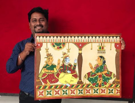 Our ancestors were exiled out of Sahyadri Hills. Some travelled to South & are now leather puppeteers of #AndhraPradesh, #Karnataka & #Tamil Nadu, says Chetan. #ChitrakathiPainting #Maharastra #Shivajisspieshistory #Thakars #30stadestraditionalstories Chitrakathi Paintings, Abs Art, Warrior Paint, Wooden Puppet, Warrior King, Keep Alive, Indian Folk Art, Indian Art Paintings, Highlight Icons