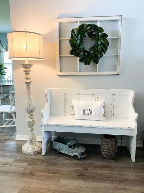 Bench Living Room Decor, Living Room Decor Hobby Lobby, Farmhouse Entryway Bench, Hobby Lobby Farmhouse, Bench Living Room, Pew Bench, Diy Farmhouse Ideas, Hobby Lobby Decor, Farmhouse Bench