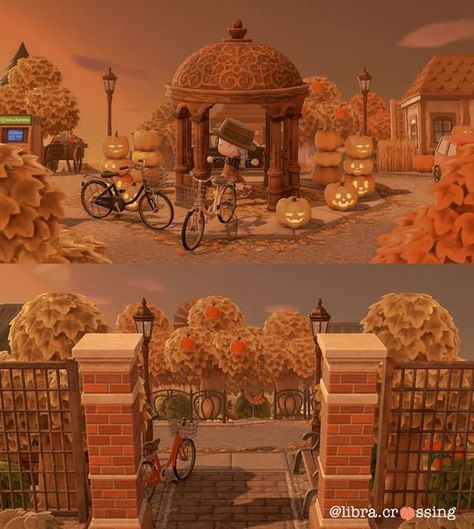 Fall City Core Acnh, Acnh Fall Aesthetic, Acnh Entrance Town, Fall Core Animal Crossing, Acnh Red Brick, Acnh Shopping District Ideas Cottagecore, Acnh Halloween Design Codes, Animal Crossing Fair, Acnh Autumn Island