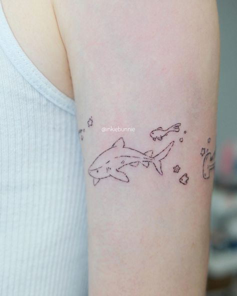 Simple Line Shark Tattoo, Shark Aesthetic Tattoo, Shark Tattoo On Thigh, Shark Tattoo Cute, Tattoo Ideas Shark, Cute Shark Tattoo, Print Making Designs, Gender Euphoria, Shark Tattoo