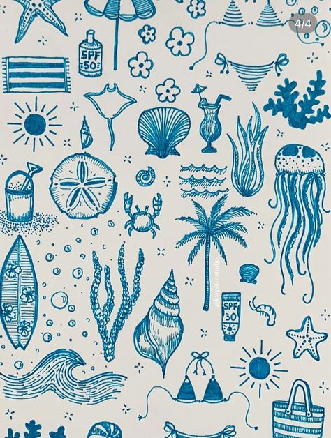 Ocean Sketches Simple, Beach Life Drawing, Beachy Designs To Draw, Tropical Things To Draw, Ocean Aesthetic Drawing Easy, Wave Simple Drawing, Ocean Doodle Art, How To Draw Beach Things, Beach Doodles Aesthetic