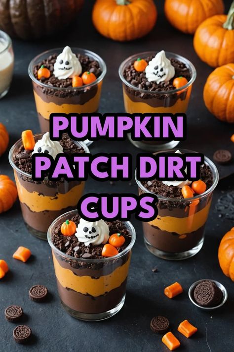 A photo of a  Pumpkin Patch Dirt Cups which is a type of halloween treat recipes Pumpkin Dirt Cups, Pumpkin Patch Snack Ideas, Cheap Halloween Food Ideas Parties, Pumpkin Patch Dirt Cups, Simple Halloween Snacks For Kids, Inexpensive Halloween Treats, Store Bought Halloween Treats For School, Halloween Dirt Cups For Kids, Halloween Party Treats For Adults