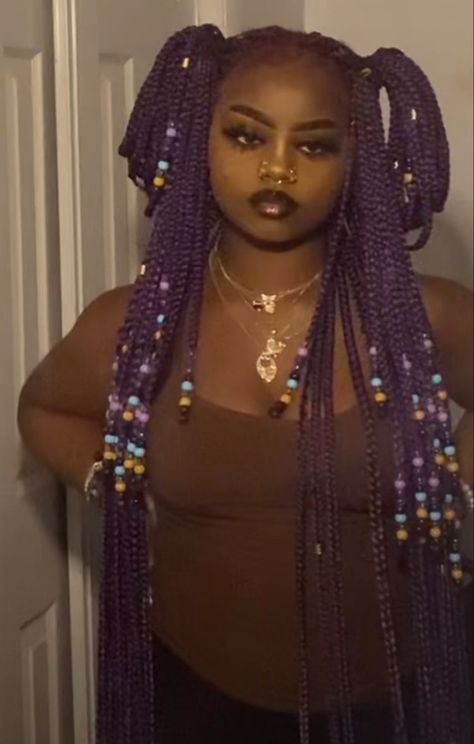 Box Braids Hairstyles Purple, Hairstyles With Box Braids Ideas, Y2k Box Braid Hairstyles, Purple And Black Braids, Hairstyles To Do With Box Braids, Purple Braids For Black Women, Box Braids Purple, Knotless Box Braids Hairstyles Ideas, Hairstyles For Braids For Box Braids