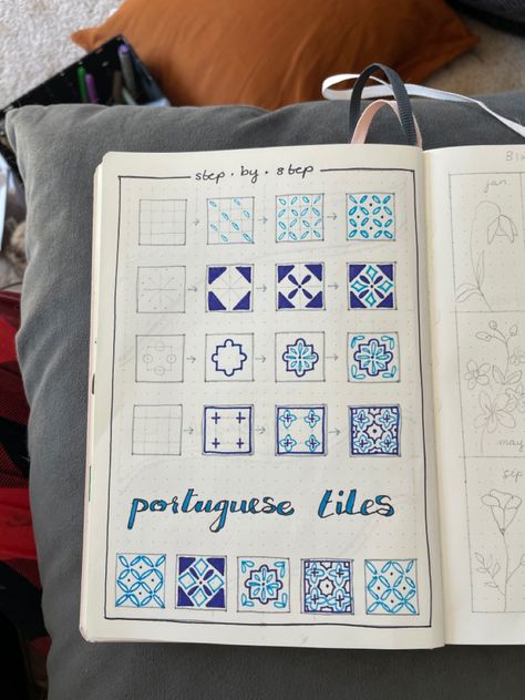 Tiles Drawing Design, Tile Drawings Ideas, How To Draw Tiles, Portuguese Pattern, Tile Drawing, Portuguese Tiles, Tangle Patterns, Bullet Journal Design Ideas, Tile Print