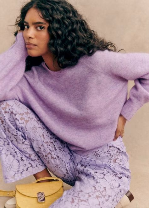 Louise Jumper - Wisteria - Super kid mohair - Sézane Sezane Aesthetic, Lavender Outfit, Mohair Jumpers, Purple Outfit, French Girl Style, French Beauty, Soft Summer, Crochet Bag Pattern, French Girl