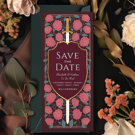 ⚔Sword & Shield Medieval Fantasy Save the Date Invitation⚔ Invite your wedding guests with this Royal Sword & Shield Medieval Fantasy Monogram design. This design is perfect for couples seeking a regal yet modern-day medieval fantasy aesthetic. For more invitations and gifts our Zazzle shop #linkinbio #Zazzlemade #weddingstationery #weddinginvitation #weddingplanner #weddingplans #weddinginspiration #weddinginspo #elegantwedding #weddingtrends #weddingsuite #weddinginvites #weddingideas #w... Elven Wedding Invitations, Medieval Party Invitations, Middle Earth Wedding Decor, Hobbit Wedding Invitations, Knight Wedding Theme, Elvish Wedding Theme, Fantasy Wedding Invites, Lord Of The Rings Save The Date, D&d Themed Wedding