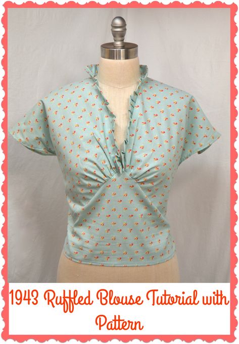 Sweet and elegant both describe this little blouse from the 1940’s.  I had such a fun time creating it, that I wanted to share the pattern with you!  However, unlike patterns I have created i… Blouse Pattern Free, Vintage Blouse Pattern, Blouse Tutorial, Sewing Patterns Free Women, Sewing Blouses, Sewing Tops, Make Your Own Clothes, Ruffled Blouse, Blouse Pattern Sewing