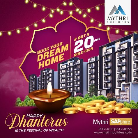 May the lamps of Dhanteras light up new dreams and fresh hopes, may undiscovered avenues fill your Home with pleasant surprises and moments. #DhanterasGifts This festive season, transform your life by gifting your family with their dream home at www.mythrisapphire.co.in. ✅ Avail Early bird offer and special discounts just pay 10% and book your flat. ✅ Quality homes at affordable price! ✅ with 40 Plus Amenities, Experience the true meaning of urban living. ✅ Super Luxurious 2, & 3-bedroom flats Dhanteras Post For Real Estate, Dhanteras Real Estate, Dhanteras Creative Ads, Hair Poster Design, Hampton Homes, Travel Advertising Design, Art Deco Design Graphics, Diwali Poster, Travel Advertising