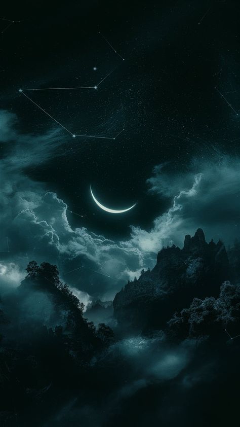 Dive into the enchanting depths of this dark HD wallpaper, showcasing a starry sky in rich navy and black shades. Ethereal clouds and a crescent moon add a soft glow to the scene, while silhouettes of distant mountains and ancient trees evoke mystery. Fractal patterns enhance the dark ambience, drawing you into a captivating night. Perfect for lovers of dark aesthetics and stunning visuals. #DarkWallpaper #HDBackground #StarryNight Dark Ethereal Aesthetic, Dark Hd Wallpaper, Ethereal Clouds, Mini Wallpaper, Distant Mountains, Ancient Trees, Dark Aesthetics, Night Sky Wallpaper, Black Shades