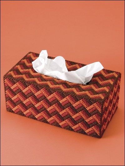 Plastic canvas Long-stitched tissue box cover from e-patternscentral.com Plastic Canvas Tissue Box Cover, Canvas Coasters, Plastic Craft, Plastic Canvas Books, Kleenex Box Cover, Plastic Canvas Coasters, Plastic Canvas Stitches, Tissue Cover, Crochet Bedspread Pattern