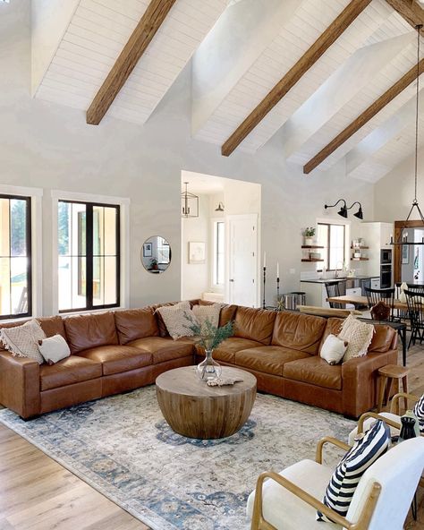 Modern Farmhouse Inspo on Instagram: “I get so many questions about this sofa every time I post it. So let me tell you a story. Once upon a time I wanted a leather sectional...…” Leather Sectionals, Leather Couches Living Room, Couches Living, Furnitur Ruang Keluarga, Farmhouse Living Room Decor Ideas, White Chairs, Modern Farmhouse Living, Modern Farmhouse Living Room, So Many Questions