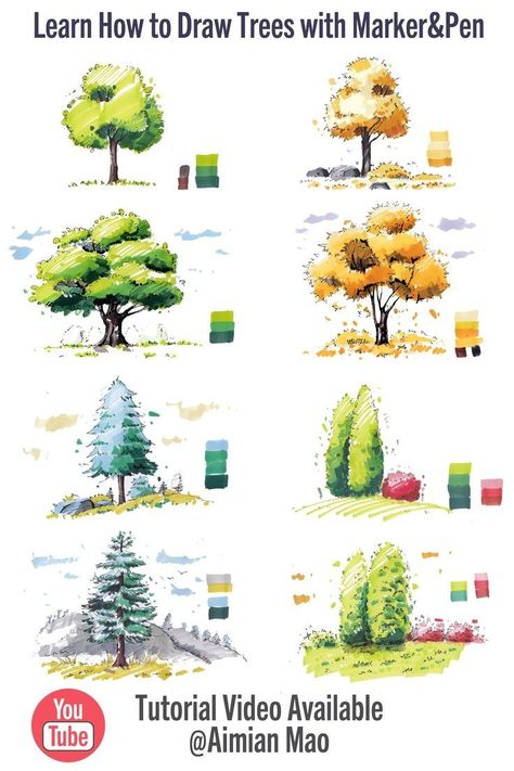 Trees Step By Step Drawing, Different Trees Drawing, Landscape Trees Drawing, Drawing Trees With Markers, Trees In Architecture Drawing, Tree Entourage Architecture, How Draw Tree, Tree Drawing Marker, Marker Tree Drawing