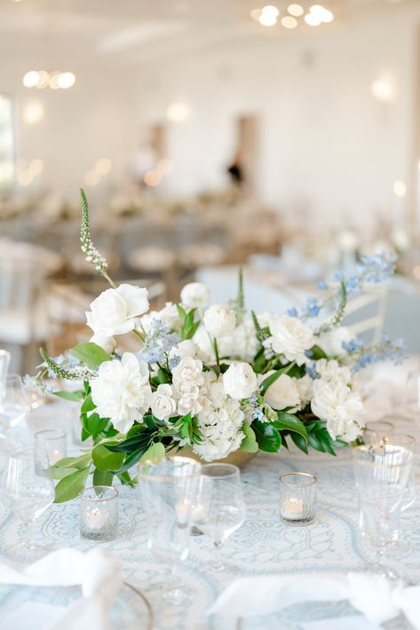 Blue Delphinium Arrangement, White And Blue Floral Centerpieces, Peony Table Arrangements, Blue And White Flowers Wedding, Hydrangea And Peony Centerpiece, Tweedia Bouquet, White And Blue Centerpieces, Blue Floral Centerpieces, Blue And White Centerpieces