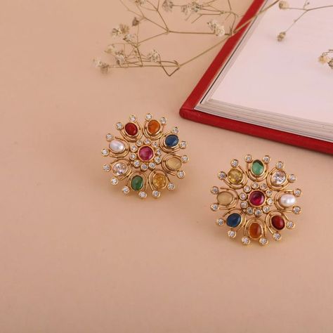 Kalyan Jewellers offers pure and high-quality navaratna earrings in gold. Explore the astro jewellery collections from the most trusted jewellers. Traditional Diamond Earrings Indian, Navaratna Studs Gold, Navaratna Earrings, Navaratna Necklace, Navaratna Jewellery, Diamond Earrings Indian, Gold Jewelry Prom, Kalyan Jewellers, Jewelry Prom