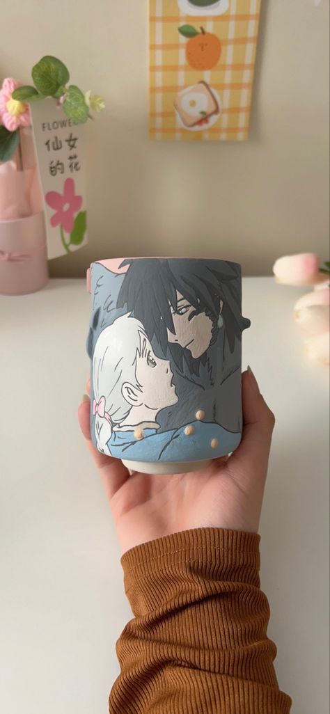 Insta Marwa.studio_ Howls Moving Castle Pottery Painting, Howls Moving Castle Ceramic, Howls Moving Castle Pottery, Pottery Painting Studio Ghibli, Studio Ghibli Pottery Painting, Studio Ghibli Pottery, Studio Ghibli Mug, Castle Painting, Diy Pottery Painting