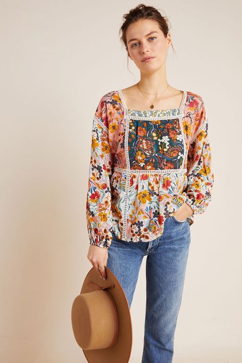 Long Sleeve Peasant Top, Kebaya Brokat, Floral Peasant Top, Anthropologie Top, Peasant Top, Peasant Blouse, Peasant Tops, High Waisted Denim, Floral Blouse