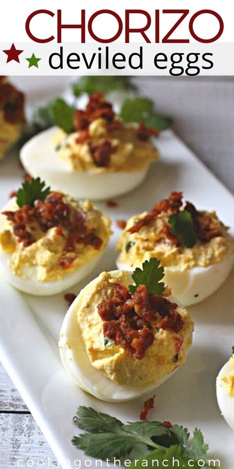 Mexican Deviled Eggs Recipe made with Dijon and Sherry Vinegar. A delicious combo for a very popular appetizer. Easy recipe and a spicy version of the Southern classic. Think fancy next time you're making deviled eggs, and give this loaded with flavor version a try for your next pot luck party. Perfect for Cinco de Mayo #easy #recipe #howtomake #chorizo #deviledeggs #mexicaneggs #appetizerideas #appetizerseasy #mexicanappetizer Spanish Deviled Eggs, Mexican Deviled Eggs Recipe, Delived Eggs, Mexican Deviled Eggs, Fancy Deviled Eggs, Eggs Appetizers, Creative Appetizers, Superbowl Ideas, Eggs Deviled