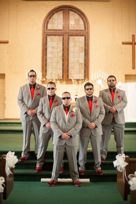 Red and gray tuxes  Our groomsmen were wearing our theme colors Ohio state Scarlet and gray Ohio State Wedding, Farmer Wedding, Groomsmen Ideas, Grey Tuxedo, Photo Gifts Diy, Wedding Engagement Pictures, Diy Wedding Gifts, Tennis Shoes Outfit, Wedding Apparel