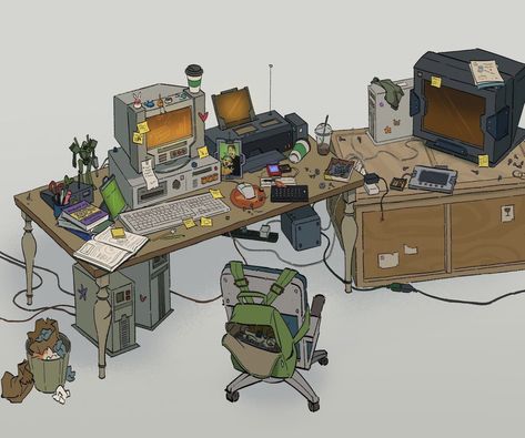 Inventor Workshop Concept Art, Set Dressing Concept Art, Sci Fi Object Concept Art, Cyberpunk Room Concept Art, Computer Concept Art, Prop Design Concept Art, Office Concept Art, Workshop Concept Art, Cyberpunk Desk