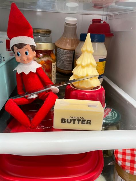 Our elf carved a christmas tree out of a stick of butter. i found the butter at the grocery store (raley’s/nob hill) Elf Carving, Happy Hollidays, Elf On Shelf, Butter Molds, Elf Fun, A Stick, On The Shelf, Stick Of Butter, Grocery Store