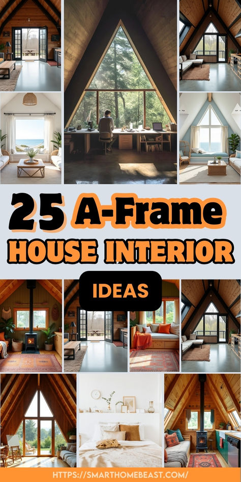 An image showcasing various cozy A-frame house interior designs, highlighting minimalist spaces like open-plan living rooms, compact yet functional kitchens, serene bedrooms, and smart storage solutions for small living spaces. Interior A Frame Cabin, A Frame House Living Room, A Frame House Interior Layout, Tiny House A Frame Plans, A Frame House Layout, Cozy A Frame Cabin Interior, A Frame With Dormers, Inside A Frame House, A Frame House Remodel