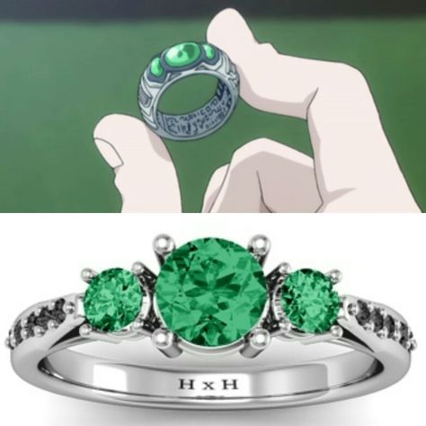 Hunter x Hunter Inspired Promise/Engagement Ring: Jewlr --- https://www.jewlr.com/products/PRM0019/three-stone-eternity-ring-with-twin-accent-rows Anime Rings Design, Anime Wedding Rings, Anime Rings, Hunter Rings, Martial Arts Manga, Ring Tattoo Designs, Anime Wedding, Anime Jewelry, Ring Tattoos