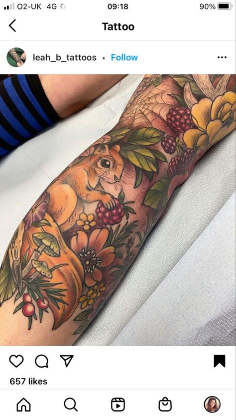 Colorful Nature Sleeve Tattoo, Mural Sleeve Tattoo, Woodland Half Sleeve Tattoo, Neotraditional Nature Sleeve, Woodland Theme Tattoo Sleeve, Fall Forest Tattoo, Neotraditional Fall Tattoo, Fall Color Tattoo, Nature Thigh Tattoo Women