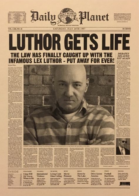 Daily Planet: Lex Luthor Gets Life prop newspaper from Superman Returns. Comic Newspaper, Daily Planet Superman, Superhero Newspaper, Marvel Newspaper, Batman Reading Newspaper, Gotham City Newspaper, Superman Facts, Horror Movie Newspaper Clipping, Daily Planet Newspaper