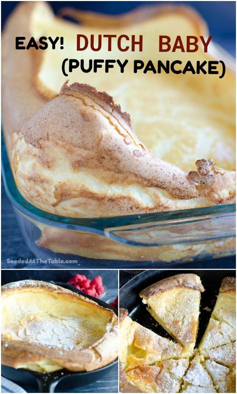 Dutch Baby is a hybrid of a pancake, a popover, and a crepe baked in the oven until puffy. Sometimes called a German Pancake, the batter includes milk, flour, eggs, sugar and butter. Requires just 5 minutes of prep. Cut into slices to feed your family an easy delicious breakfast! Pancake Recipe Video, Mini Dutch Baby, Oven Pancake Recipe, German Oven Pancake, Dutch Baby Pancakes, Dutch Baby Pancake Recipe, Dutch Babies, Dutch Baby Recipe, Baby Recipe