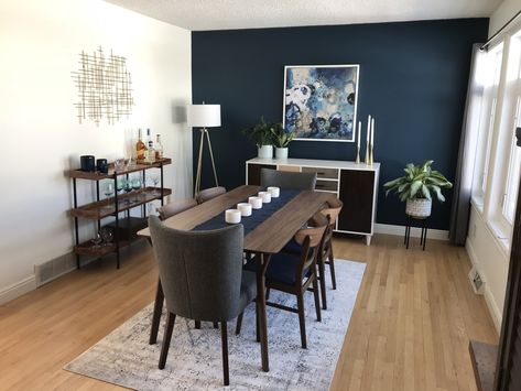 Blue Accent Wall In Dining Room, Grey And Navy Dining Room, Navy Kitchen And Dining, Dark Navy Dining Room Walls, Navy Feature Wall Dining Room, Navy Blue Wall Kitchen, Dining Room Decor Blue Walls, Black And Navy Dining Room, Gray And Navy Dining Room