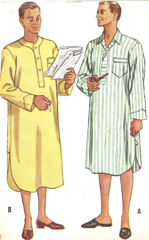 1950s Nightwear, 1950s Menswear, Nightshirt Pattern, 1950s Costumes, Gianni Schicchi, Menswear Illustration, Mens Nightshirts, 60s Vintage Fashion, Diy Cardigan