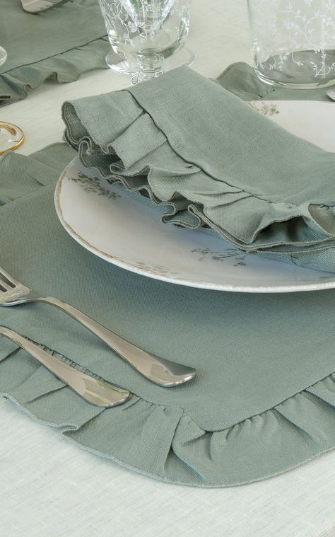 Set-Of-Two- Green Ruffles Placemat By Trichi Design | Moda Operandi Pillow Crafts, Design Moda, Kitchen Linens, Table Accessories, Design Collection, Design Fashion, Moda Operandi, Sage Green, Fashion Collection