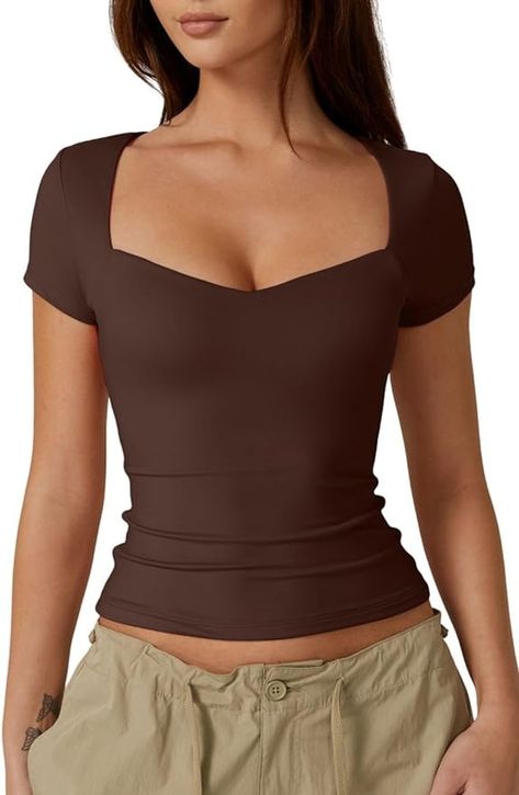 QINSEN Women's Basic Top Sweetheart Neck Short Sleeve Stretch Crop Tee Shirt Chestnut XS at Amazon Women’s Clothing store Sweetheart Neck Top, Soft Outfits, Trendy Crop Top, Bday List, Basic Crop Top, Trendy Crop Tops, Basic Shorts, Square Neck Top, Clothes Women