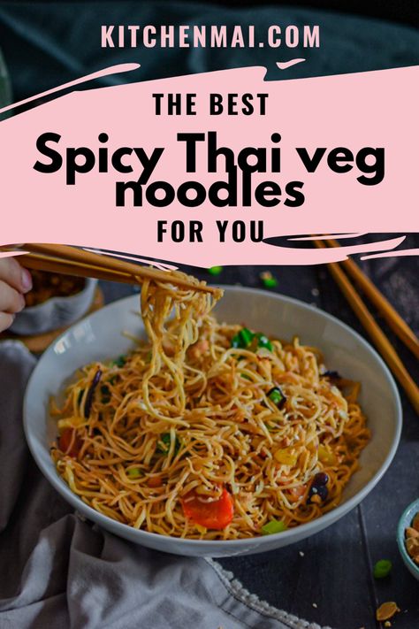 An easy recipe for a bowl of yummy Thai noodles made with loads of vegetables Thai Vegetables, Thai Recipes Noodles, Spicy Thai Noodles, Tasty Thai, Thai Noodles, Vegetable Noodles, Chicken Slices, Spicy Thai, Spicy Noodles