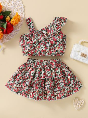 Multicolor Boho Sleeveless Floral,All Over Print Embellished Slight Stretch Summer Baby Clothing Kids Skirt And Top Designs, Kids Prom Dresses, Baby Fancy Dress, Kids Dress Collection, Baby Clothes Patterns Sewing, Kids Dress Wear