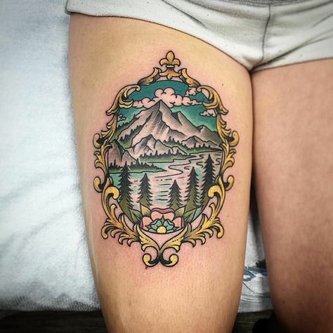 Traditional Scenery Tattoo, Mountain Color Tattoo, Rembrance Tattoo, Color Mountain Tattoo, Colorful Mountain Tattoo, Mountain And Lake Tattoo, Mountain Tattoo Color, Traditional Frame Tattoo, Framed Tattoo Ideas