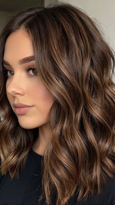 🌺 Sophisticated Brown Lob Fall hair colors dark Excellence | Trending Now 🎭 Brown Hair Colors For Straight Hair, Brunette Fashion Color Hair, Dark Brown Hair Inspo Color, Dark Brown Hair Light Brown Highlights, All Over Color Brunette, No Bleach Hair Dye For Dark Hair, Brown Dimensional Hair, Dimensional Brown Hair, Fall Brown Hair Color