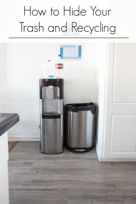 This DIY pull out trash can cabinet is just what your kitchen needs! This tutorial will show you how to create a custom cabinet for storing trash and recycling bins. Hide all of that ugly garbage and bottles with this beautiful cabinet! Free build plans included. Includes how to make it for double trash cans. #freeplans #woodworking #kitchen #modernkitchen #DIYfurniture #blackandwhite Pull Out Trash Can Cabinet, Hidden Trash Can Kitchen, Diy Leather Pulls, Hide Trash Cans, Can Cabinet, Pull Out Trash Cans, Recycling Storage, Custom Built Cabinets, Trash Can Cabinet