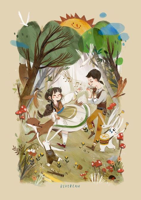 BlueBean Dancing in the Woods Illustration Art The Woods Illustration, Dancing In The Woods, Woods Illustration, Wood Illustration, 동화 삽화, Book Illustration Art, Childrens Illustrations, Children's Book Illustration, The Clouds