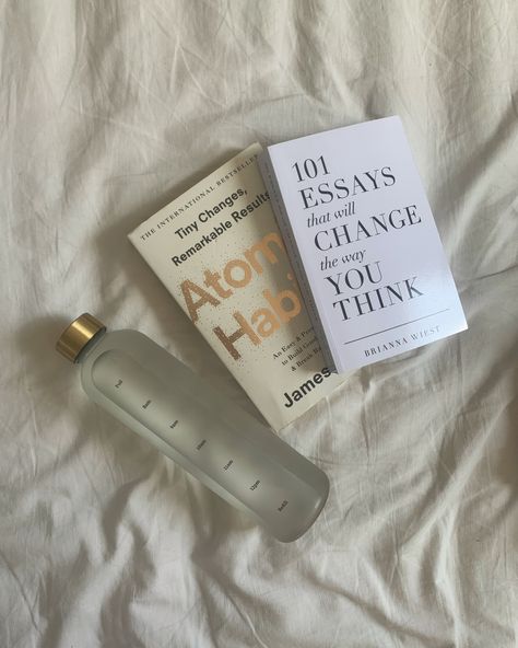 #cleangirl #aesthetic #books #waterbottle #atomichabits #101essays 101 Essays, Habit Books, Build Good Habits, Winter Arc, James Clear, Atomic Habits, Aesthetic Books, Clean Girl Aesthetic, Motivational Books