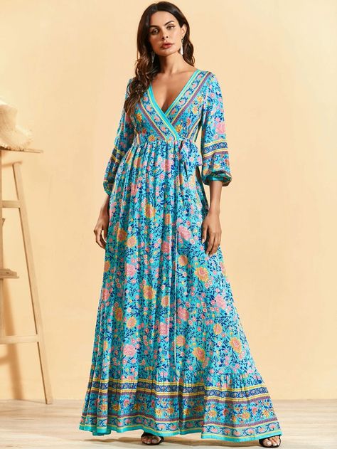 Ditsy Floral Surplice Maxi Dress | SHEIN USA Tired Dress, Maxi Dress Indian, Boho Chic Party, Wow Dresses, Pattern Blouses, Modest Dressing, Kurti Style, Beach Kaftan, Boho Dresses Long