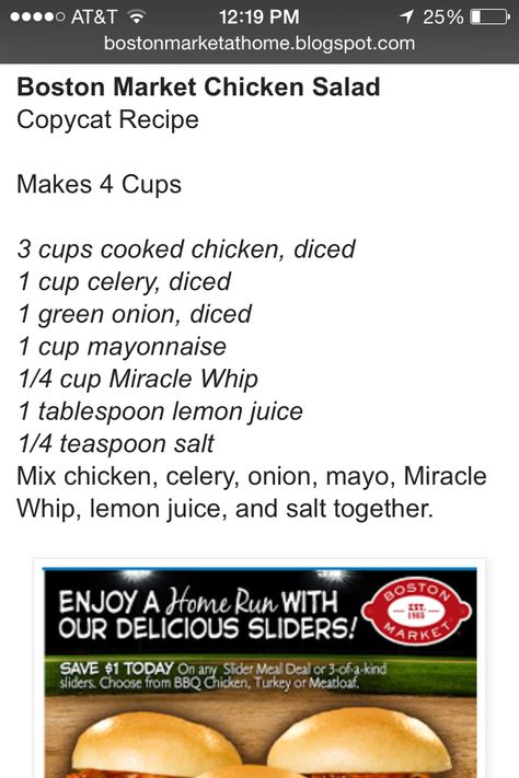 Boston Market Chicken Salad Boston Market Chicken Salad Recipe, Boston Market Chicken Recipe, Boston Market Recipes, Boston Market, Chicken Salad Recipe Easy, Meat Salad, Recipe Tin, Chicken Sandwich Recipes, Work Meals